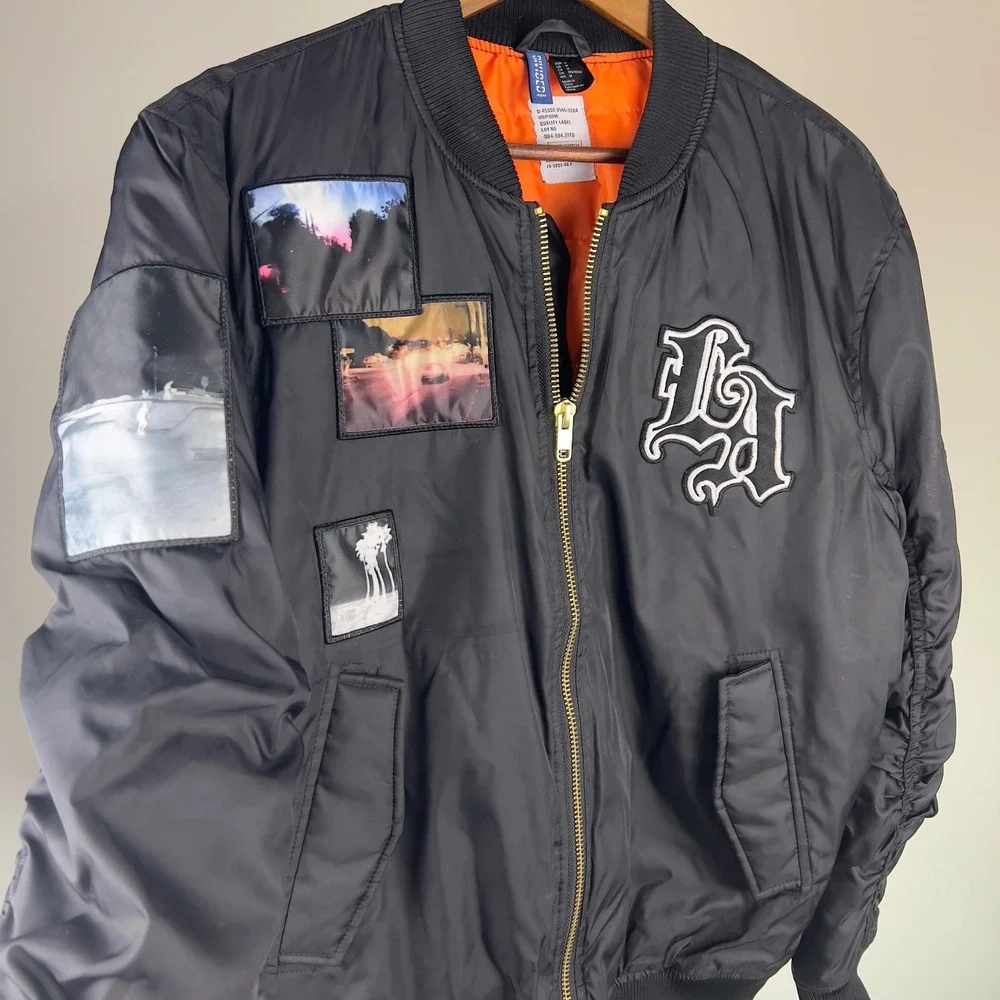 HM Divided Mens LA Patch Bomber Jacket Black Orange Lining Medium Streetwear MA1